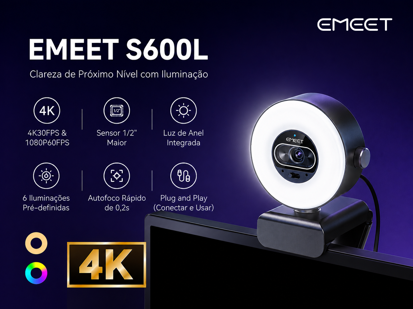 EMEET SmartCam S600L: webcam 4K com ring light integrado para streaming, videochamadas e criação de conteúdo